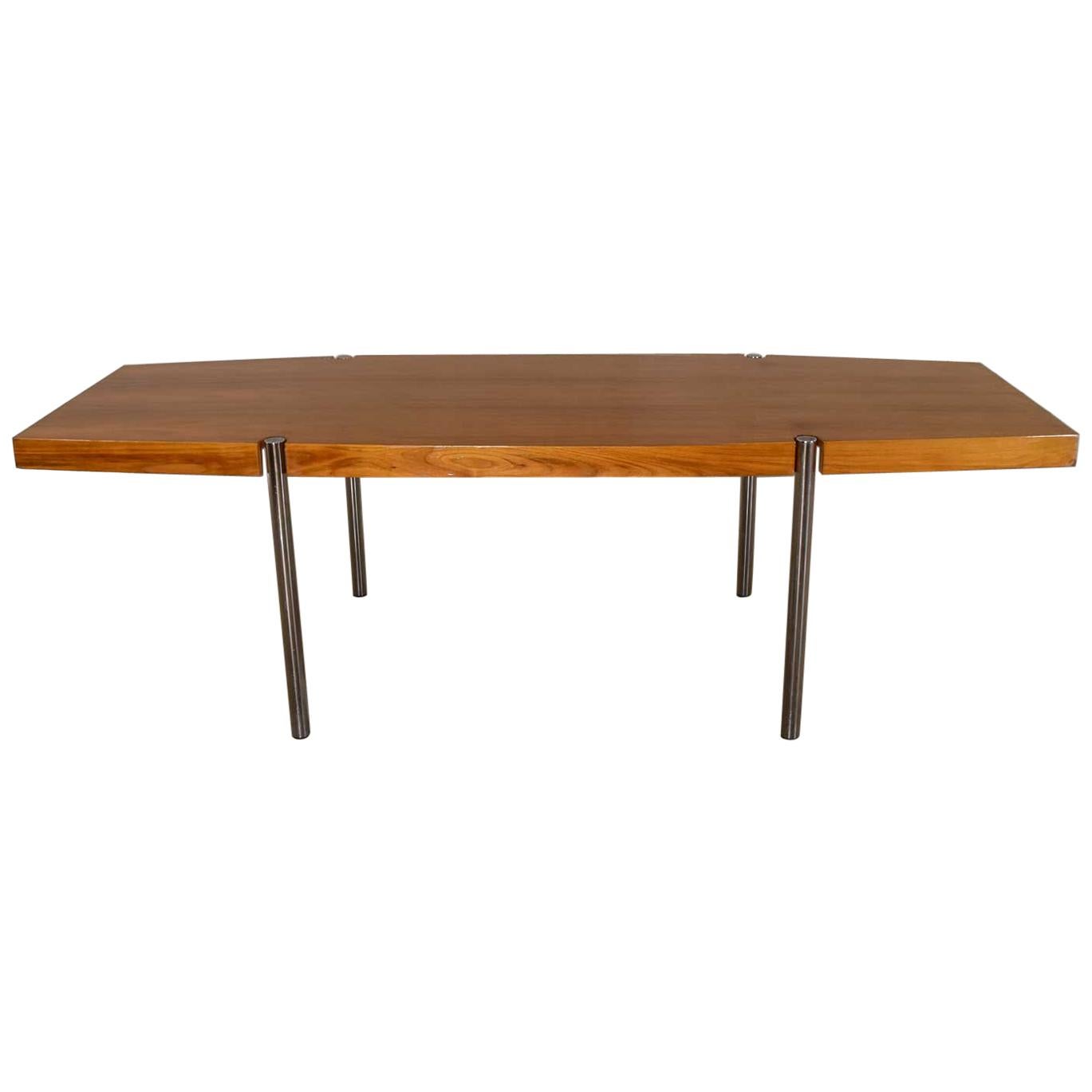 Modern Walnut & Chrome Boat Shape Dining Conference Table by Jens Risom for Howe