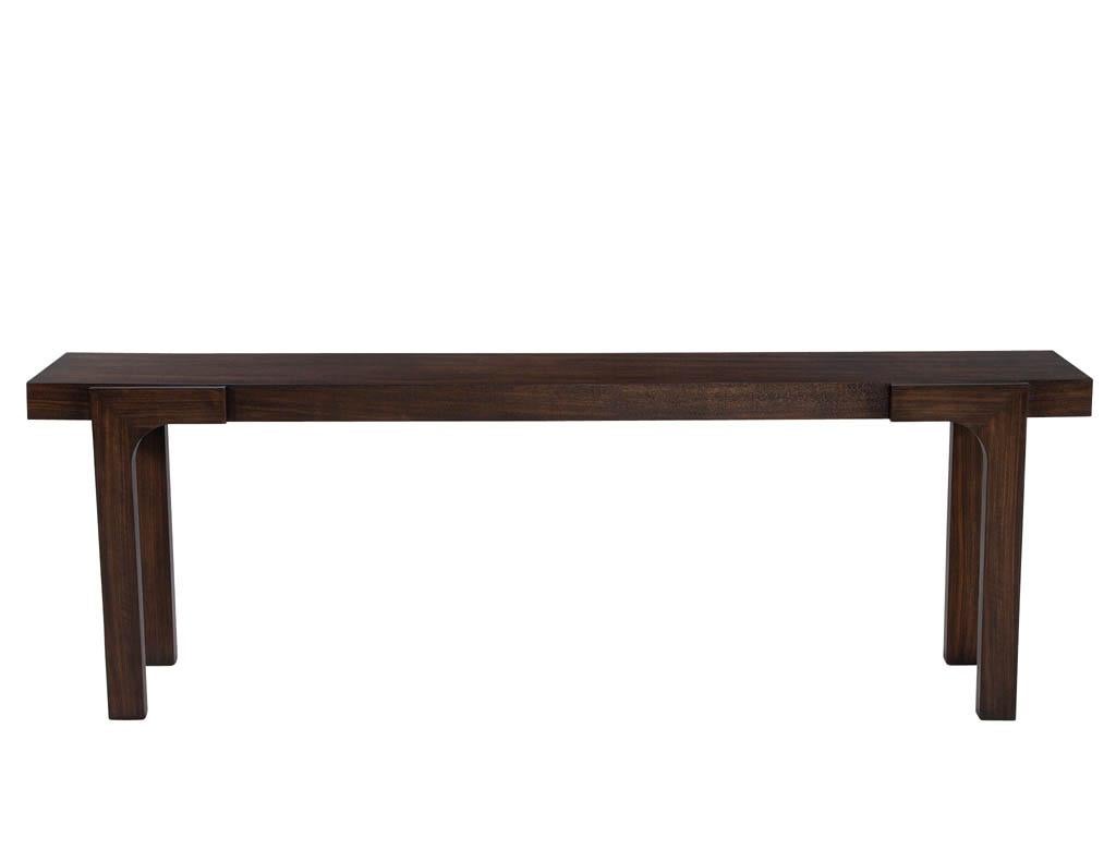 Modern walnut console table. Simplistic modern design with beautiful walnut wood grain patterns. Finished in a medium dark walnut color with a satin lacquered sheen. Made in the USA, only 1 Available. 
Price includes complimentary dock to dock
