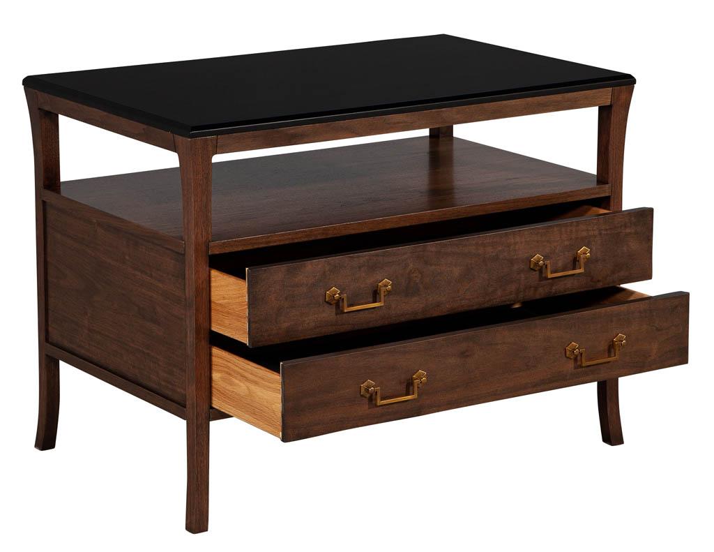 Modern walnut end table chest featuring sleek designed double drawers with a black lacquer accented top. 
Priced individually, only 1 available.
Price includes complimentary scheduled curb side delivery service to the continental USA.