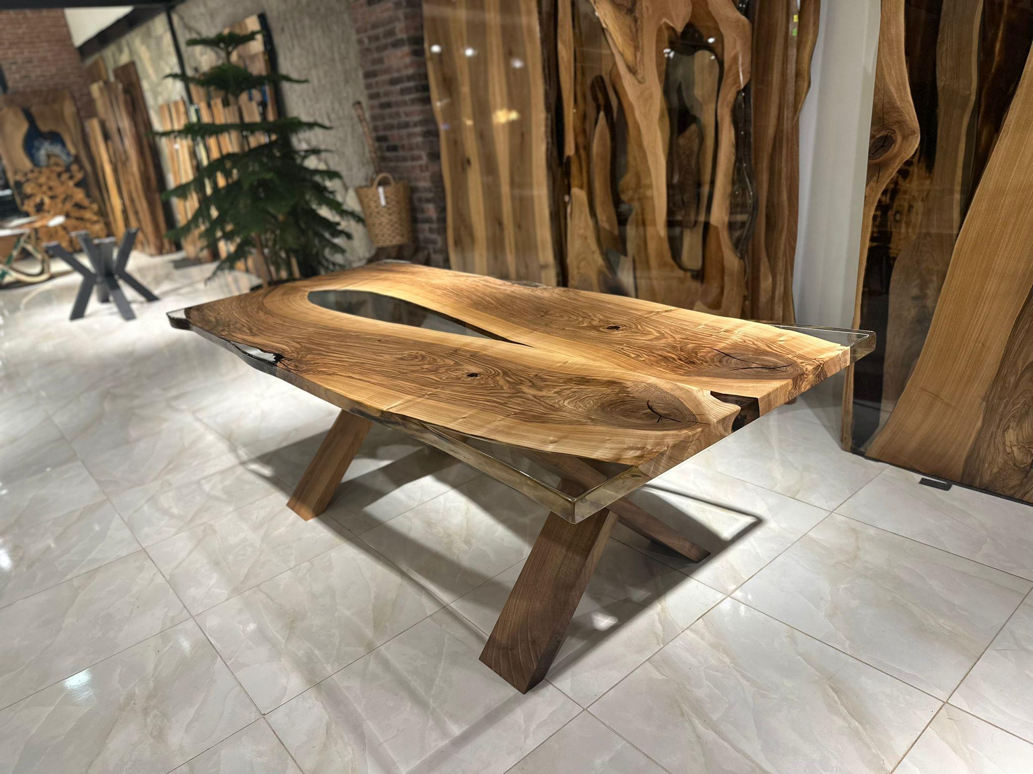 Organic Modern Modern Walnut Epoxy Resin River Custom Table For Sale