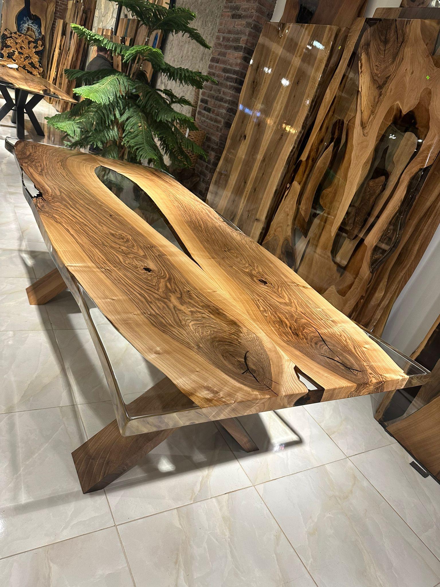 Polished Modern Walnut Epoxy Resin River Custom Table For Sale