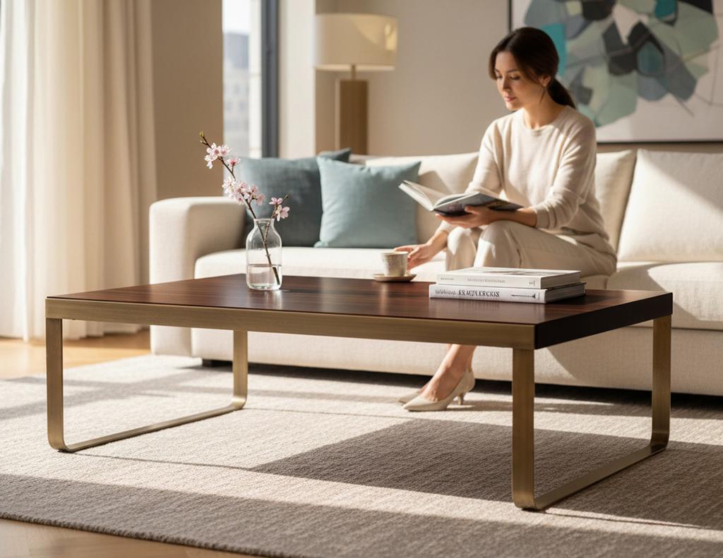Hand-crafted in Canada by Carrocel, this modern walnut coffee table exudes refined sophistication and art deco elegance. The rich walnut top is finished in a lustrous high-gloss sheen, beautifully paired with a sleek antiqued brass frame featuring