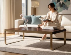 Modern Walnut High Gloss Coffee Table with Brass