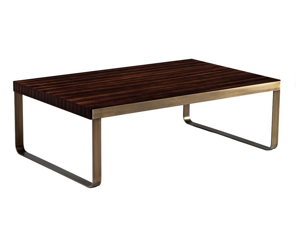 Hand-Crafted Modern Walnut High Gloss Coffee Table with Brass For Sale