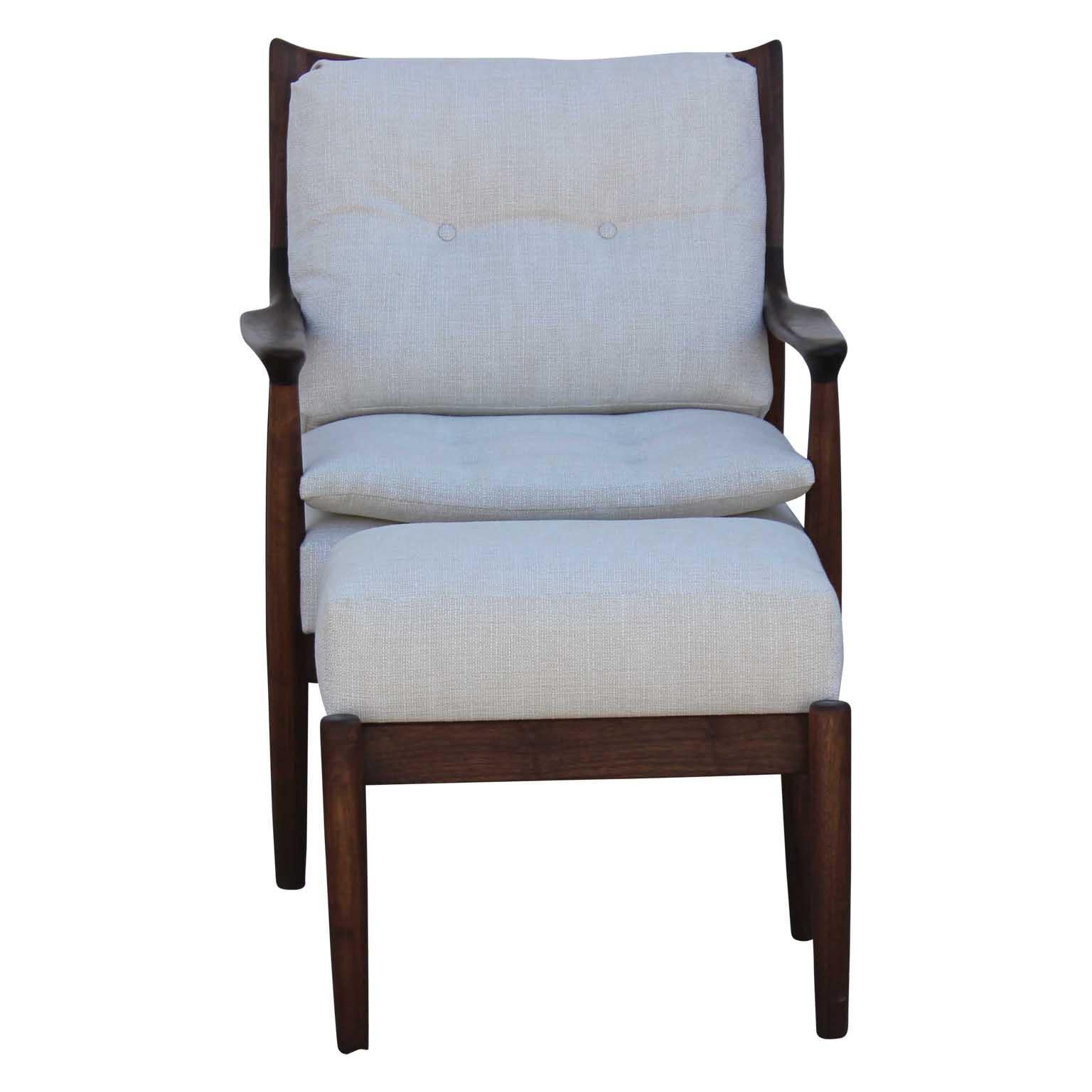 Wonderful sculptural lounge chair and ottoman expertly handcrafted by Norm Stoeker and upholstered in a nice neutral fabric. 

Dimensions of ottoman: 20.75 in. W x 17 in. D x 18 in. H