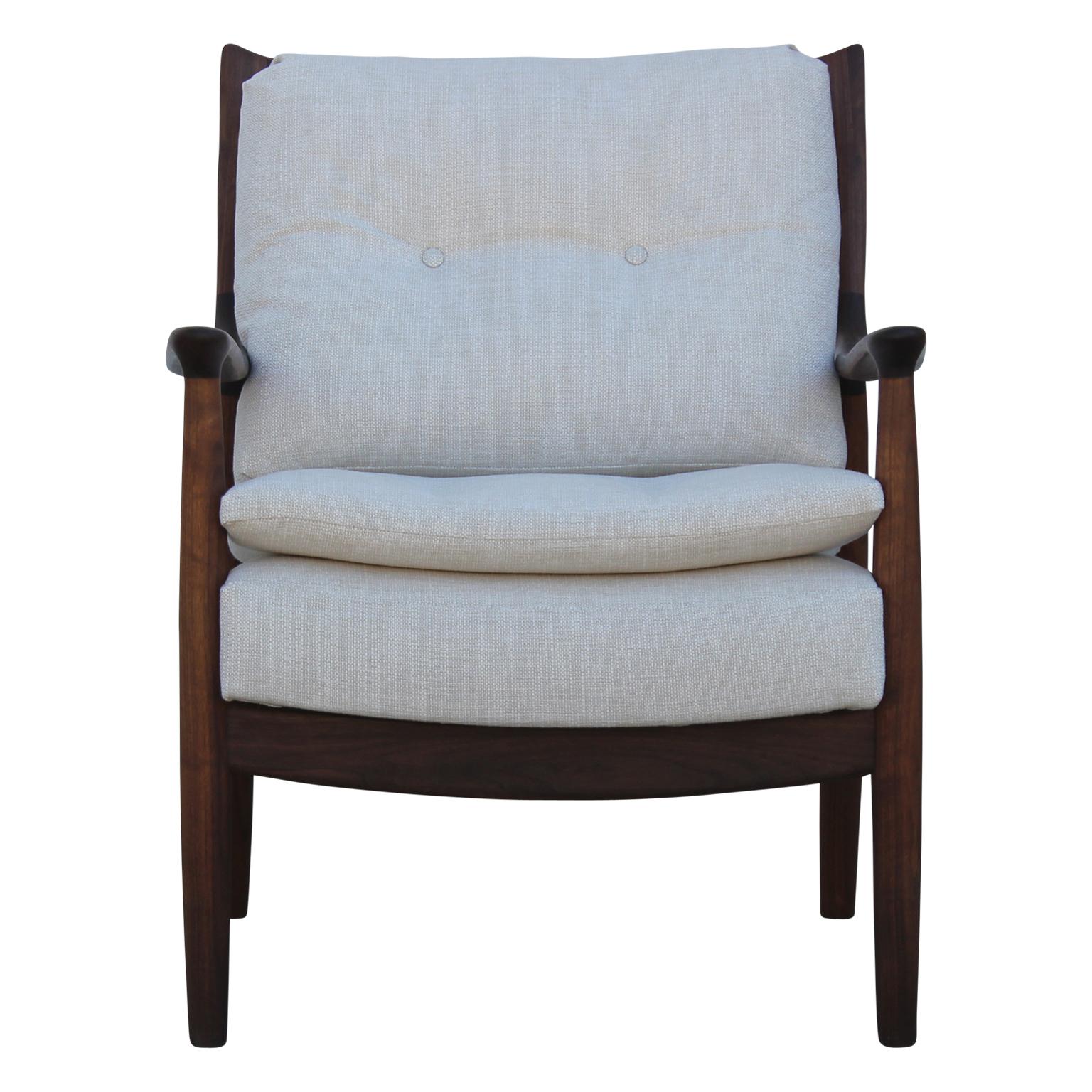 American Modern Walnut Lounge Chair and Ottoman in Neutral Fabric by Norm Stoeker