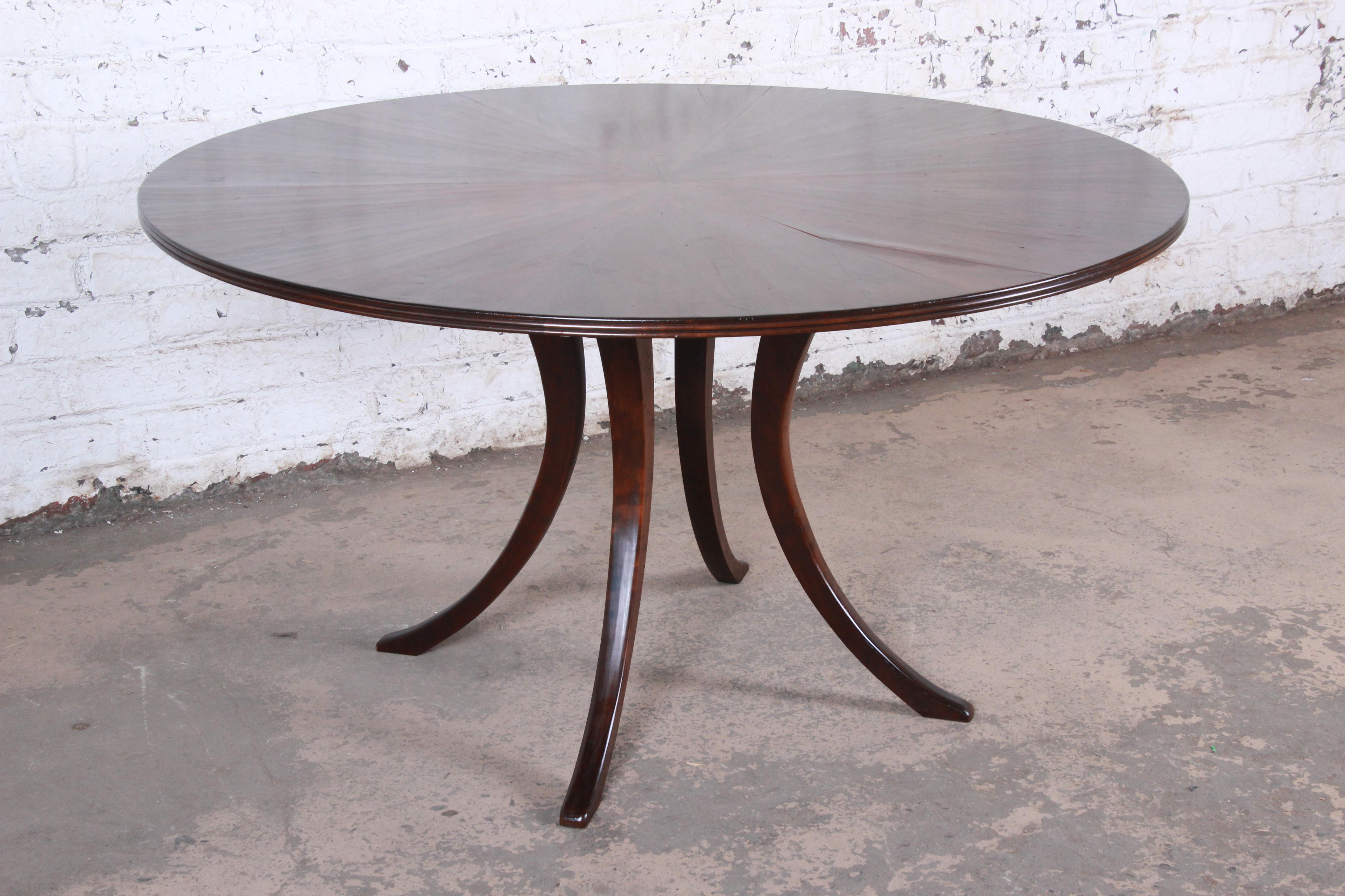 Modern Walnut Saber Leg Dining Table with Inlaid Starburst Parquetry Top 2