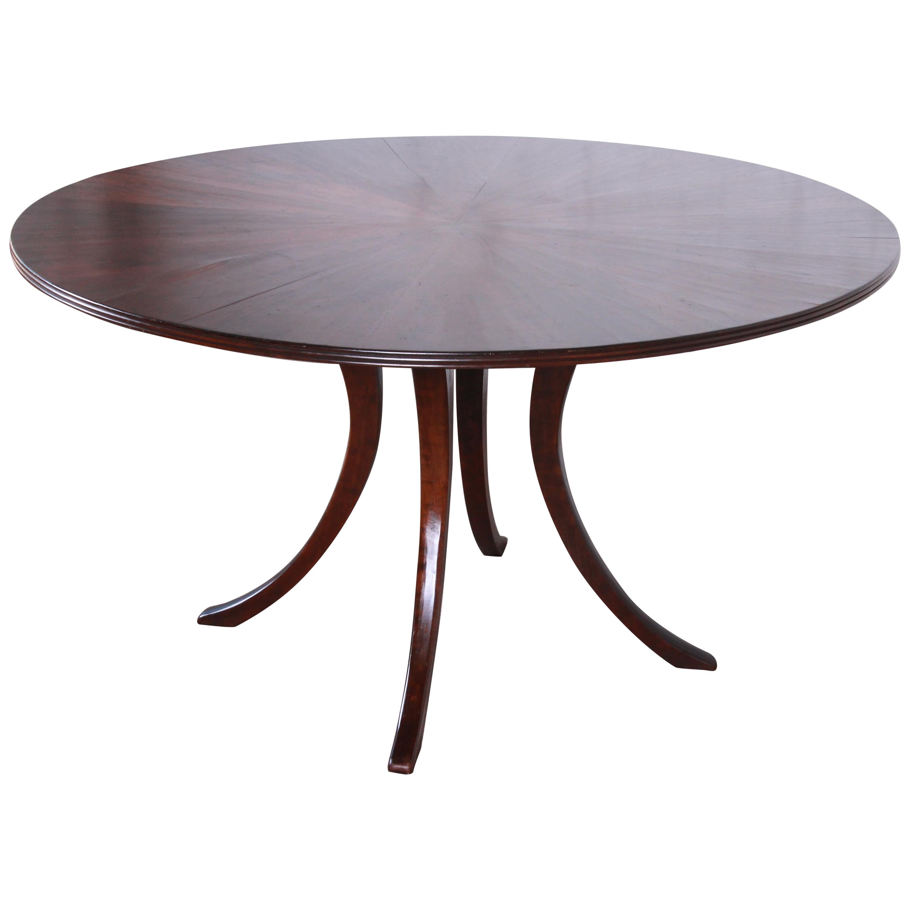 Modern Walnut Saber Leg Dining Table with Inlaid Starburst Parquetry Top