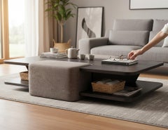 Mesa de centro escultórica moderna de nogal con otomanos