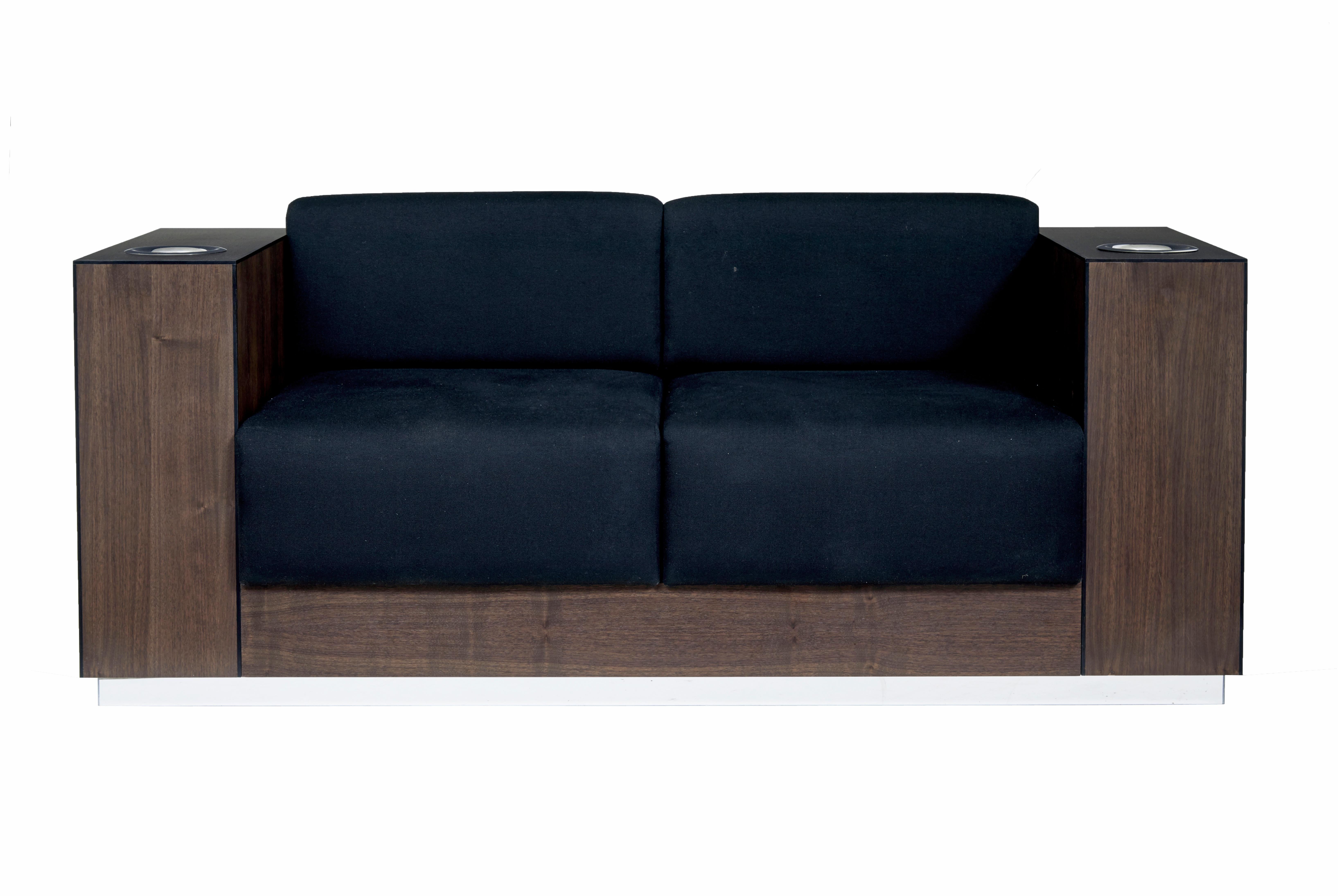 English Modern walnut sofa fitted with kaelo wine coolers For Sale