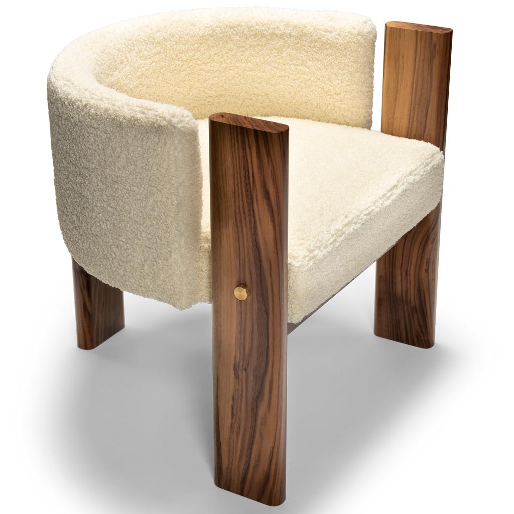 Contemporary Modern, Walnut, Solid Brass and Cream Boucle' Malta 3 Leg Dining Chair For Sale