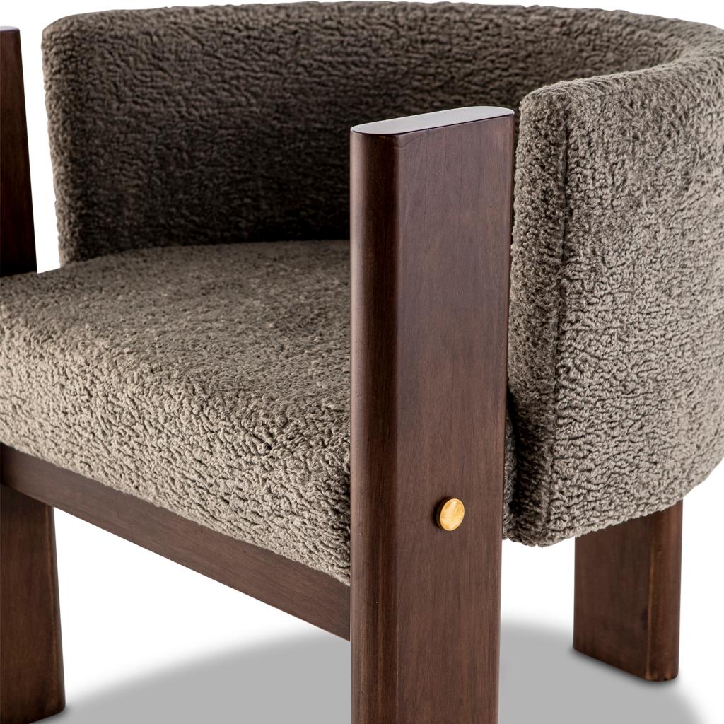 Modern, Walnut, Solid Brass and Grey Boucle' Malta Dining and Lounge Chair For Sale 1