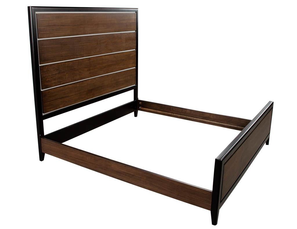 Modern walnut & stainless steel king size bed. Modern walnut panelled bed with polished stainless-steel accents. New, made in the USA.

Price includes complimentary curb side delivery to the continental USA.

Measures: Headboard height: