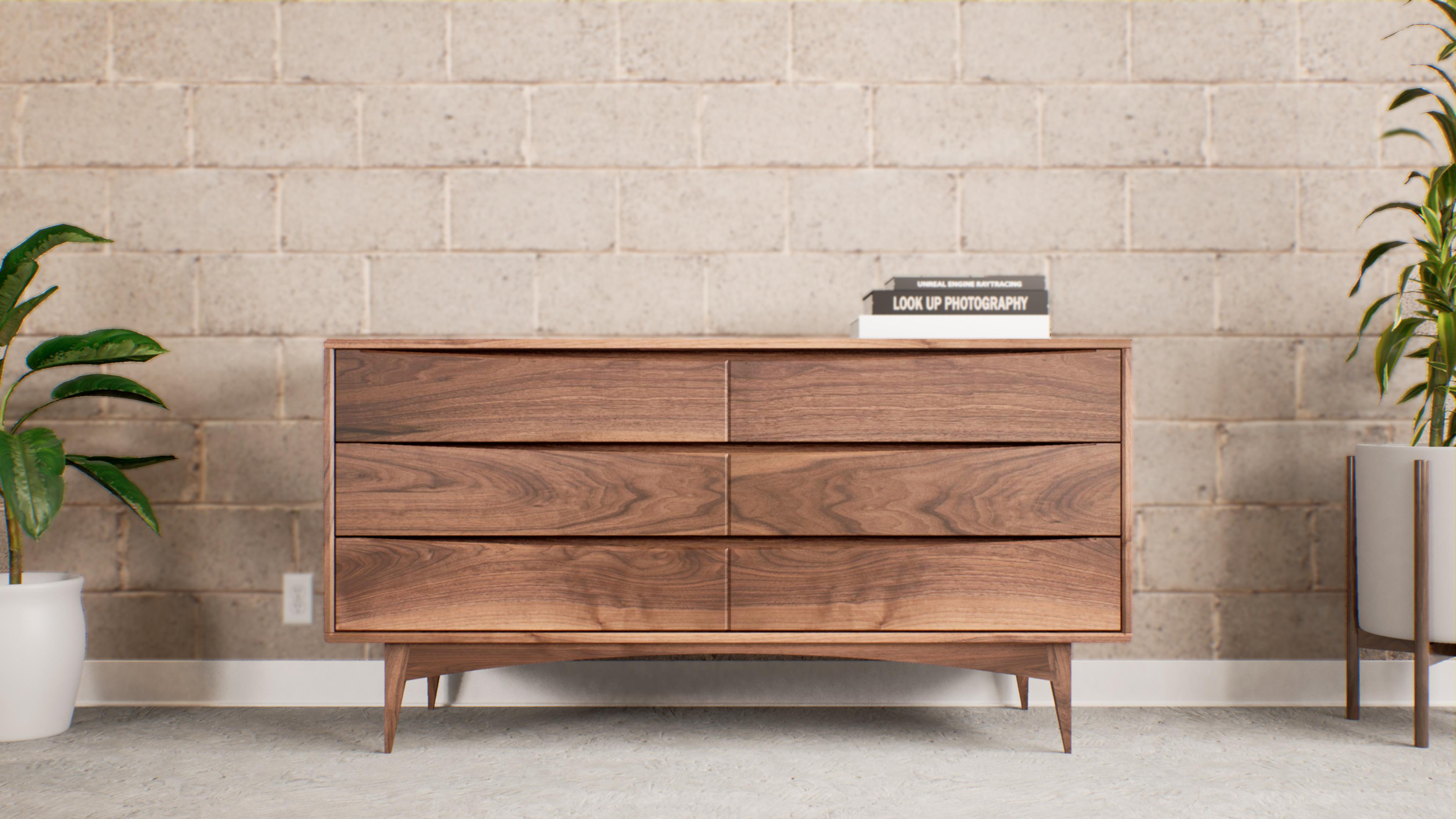 Moderne Nussbaum-Hochkommode - Handgefertigter Highboy mit Architectural Modern Beinen (Moderne der Mitte des Jahrhunderts) im Angebot
