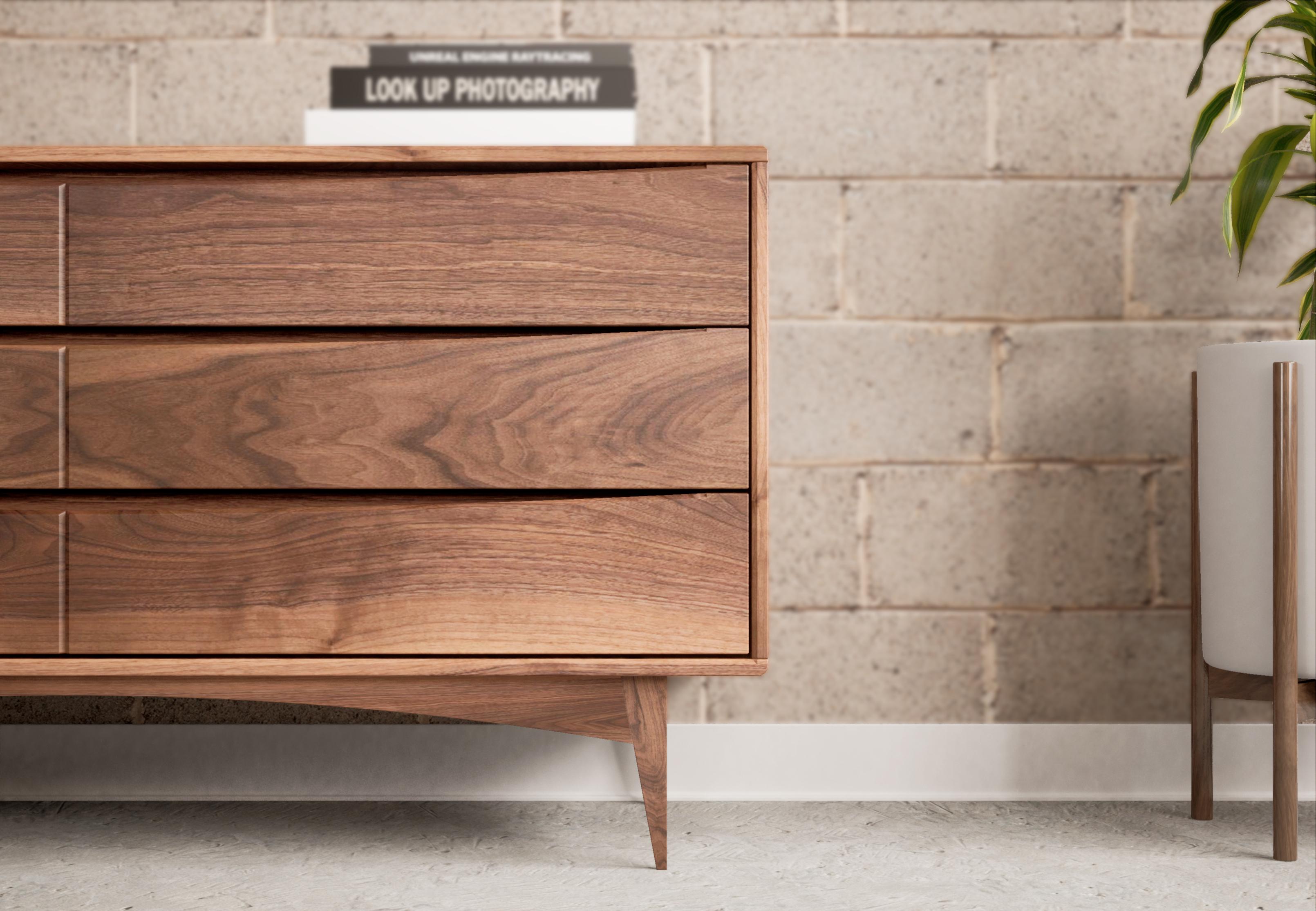 Moderne Nussbaum-Hochkommode - Handgefertigter Highboy mit Architectural Modern Beinen (Spanisch) im Angebot