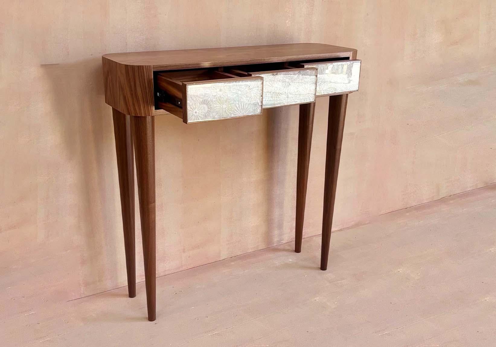 American Modern Walnut Three Drawer Wildflower Mosaic w Resin Vanity Console by Ercole For Sale