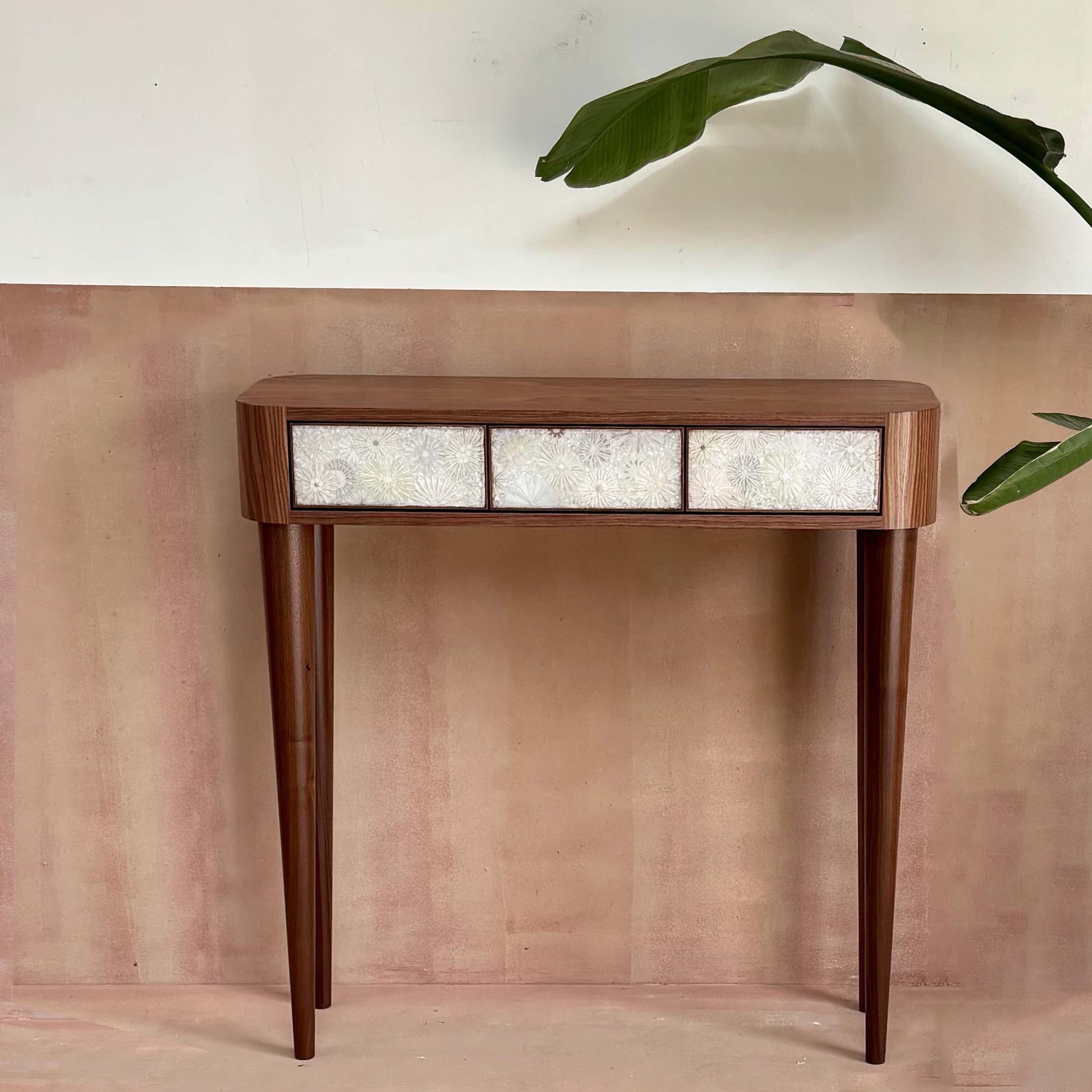 Modern Walnut Three Drawer Wildflower Mosaic w Resin Vanity Console by Ercole In New Condition For Sale In Brooklyn, NY