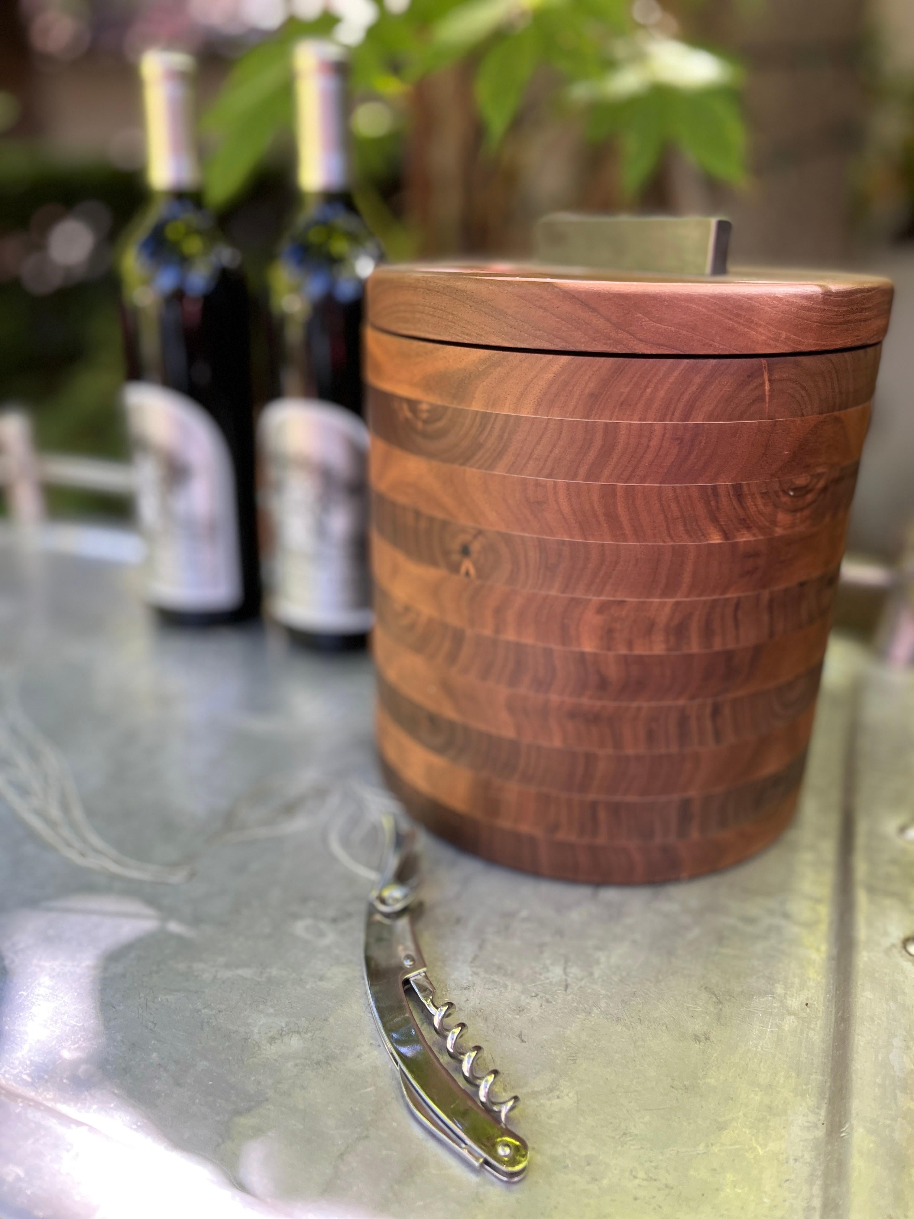 Patinated Modern Walnut Wood Ice Bucket Black Patina Steel Hardware by Alabama Sawyer