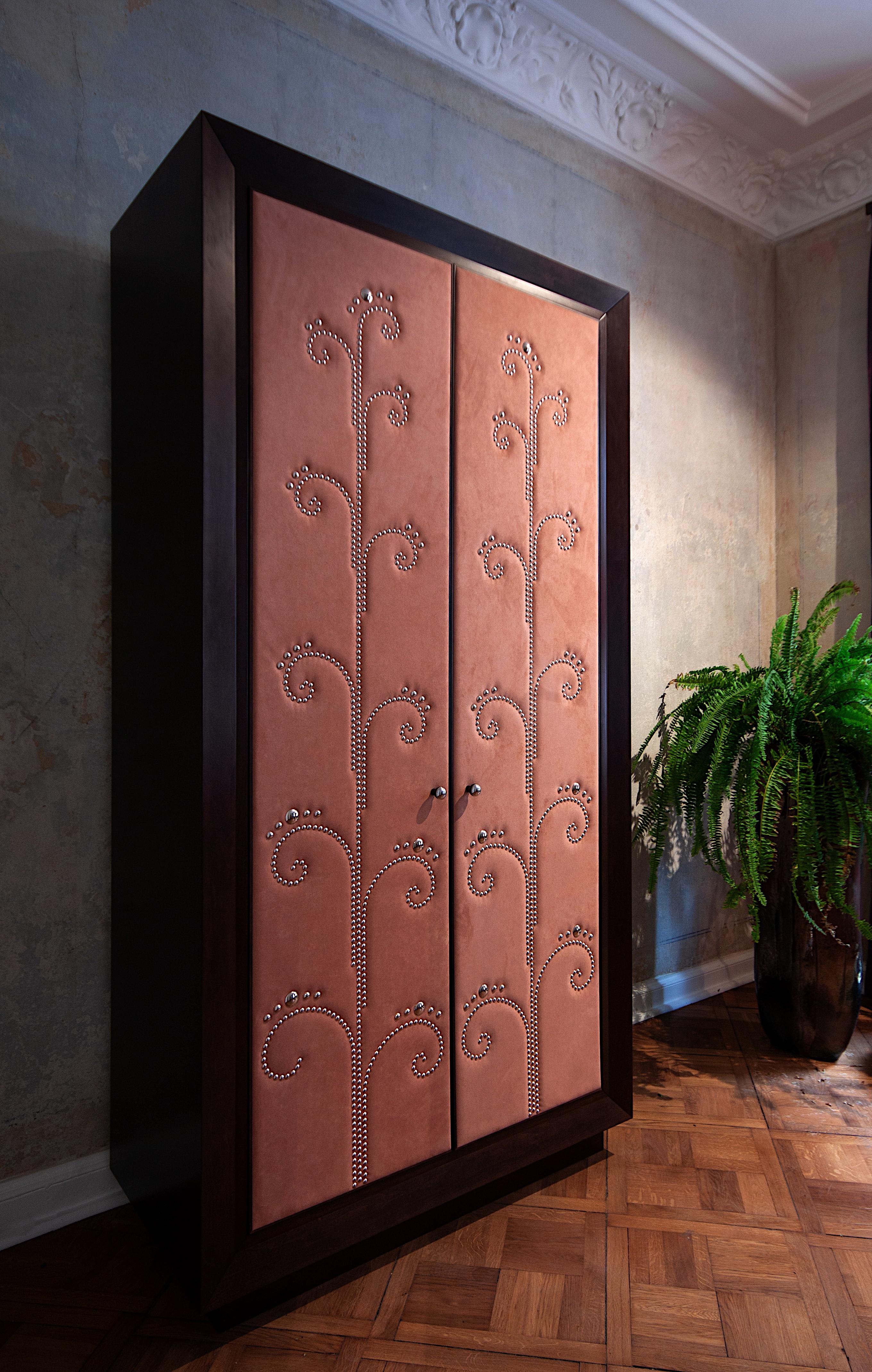 Walnut Modern Wardrobe with Pink Alcantara Finish and Studded Pattern, Available Now For Sale