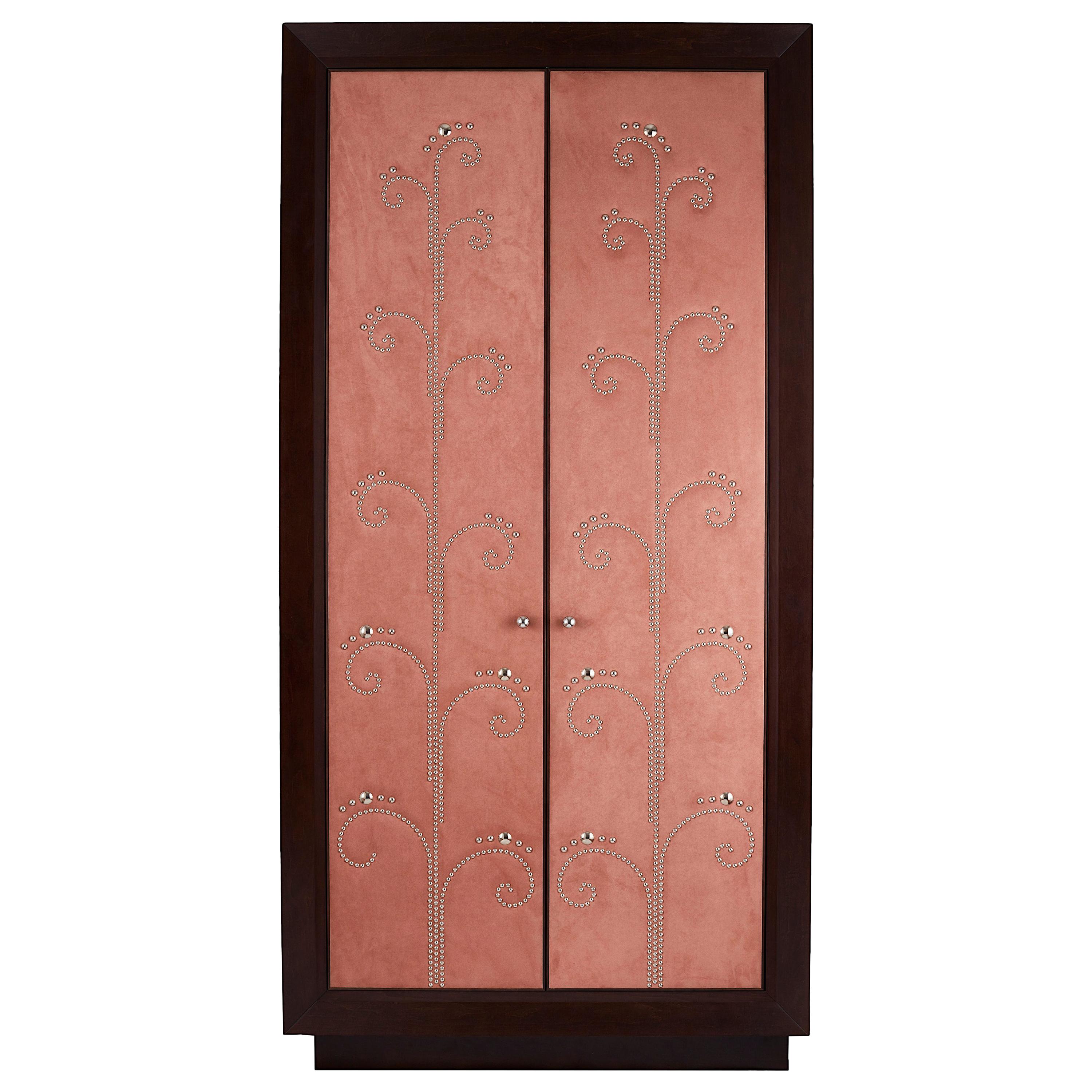 Modern Wardrobe with Pink Alcantara Finish and Studded Pattern, Customizable For Sale