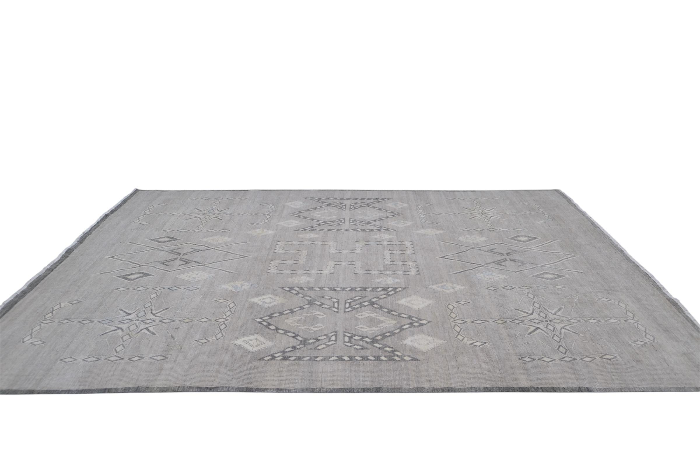 Modern Warm Neutral und Elfenbein Tribal Medaillon Wolle Teppich 8'8''x12' im Zustand „Neu“ im Angebot in Torrance, CA