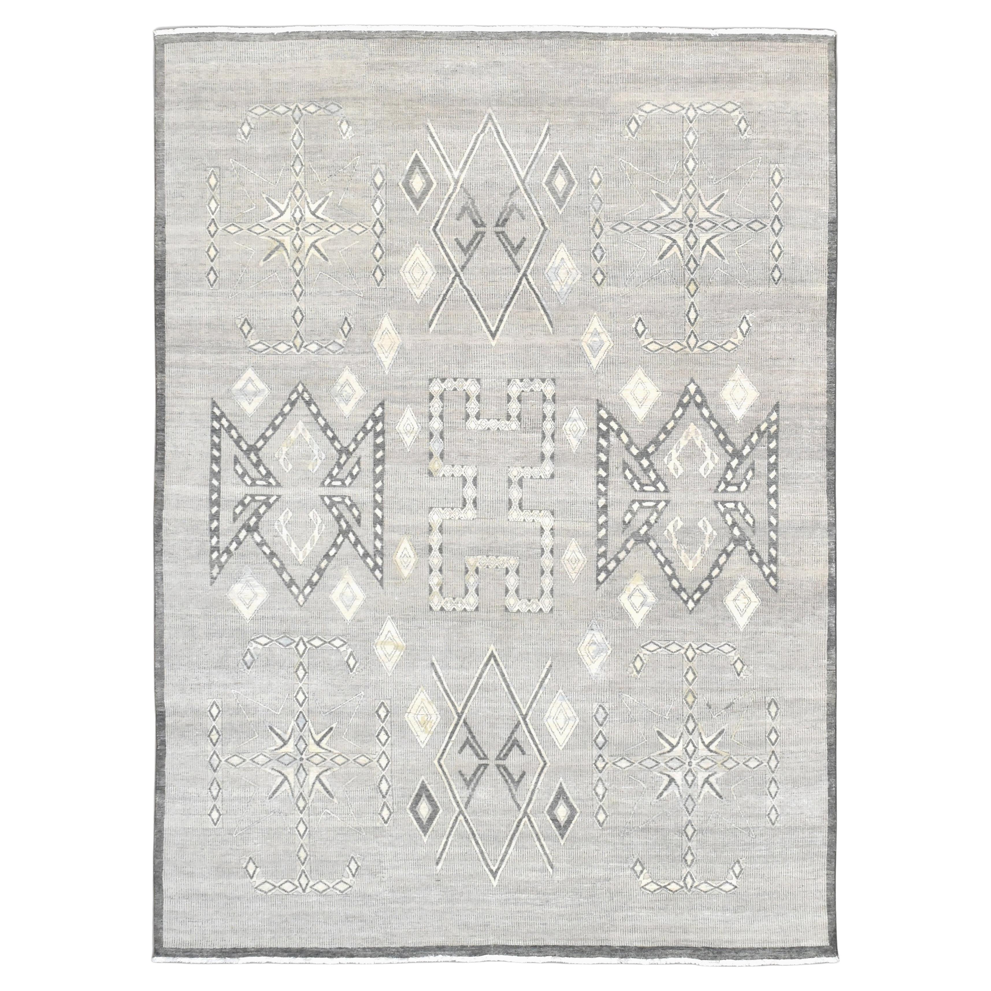 Modern Warm Neutral und Elfenbein Tribal Medaillon Wolle Teppich 8'8''x12'