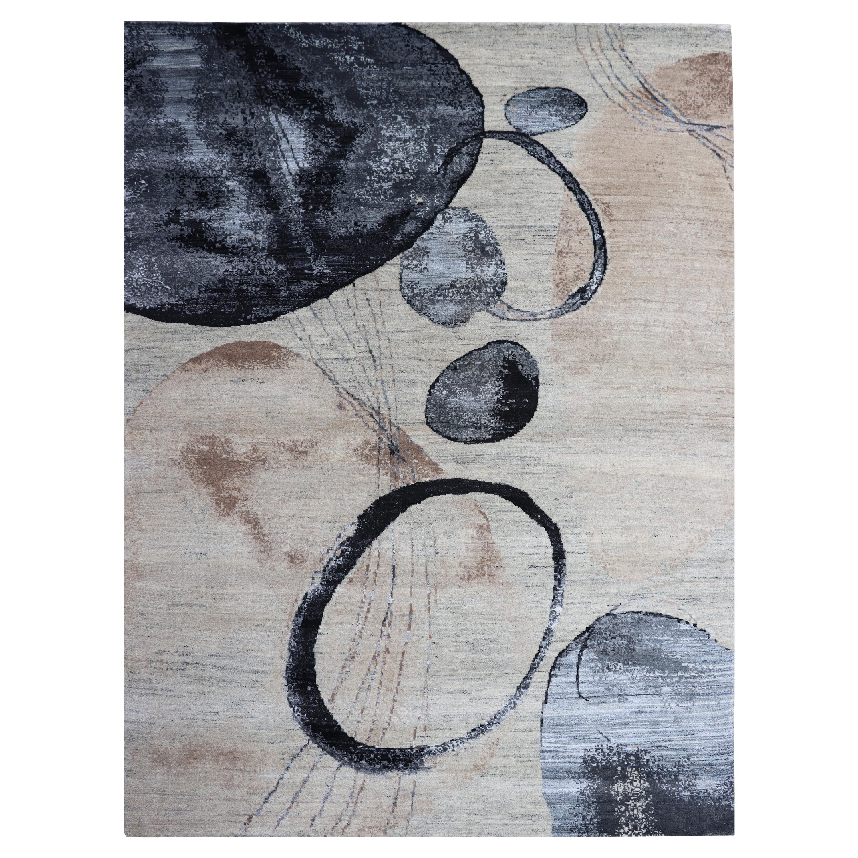 Modern Watercolor Circles Beige, Nude, Blue, Brown Wool Hand-Knotted Rug For Sale