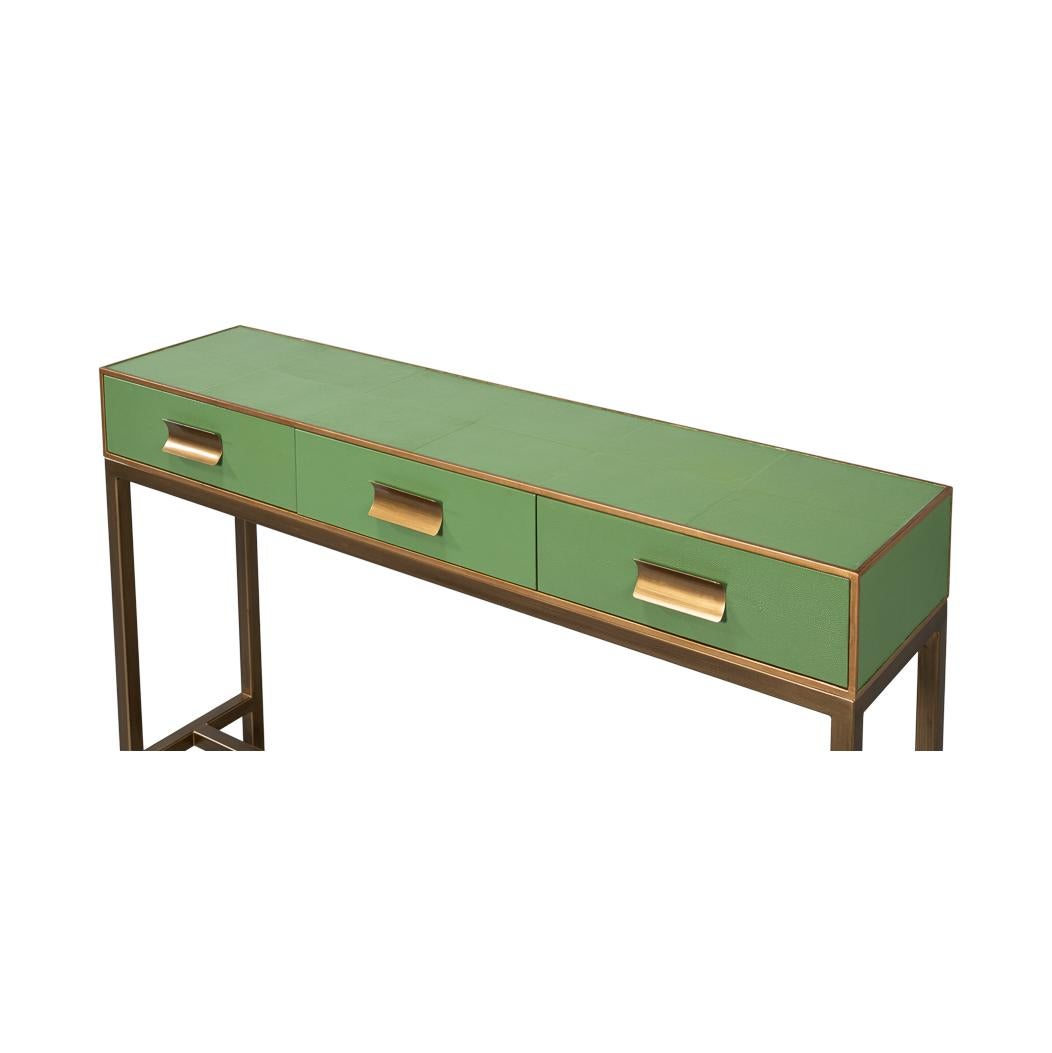Asian Modern Watercress Green Leather Wrapped Console For Sale