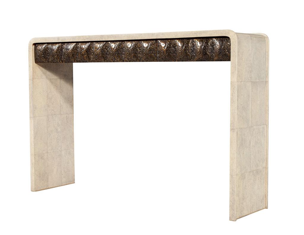Modern Waterfall Console Table Wrapped in Faux Leather For Sale 5