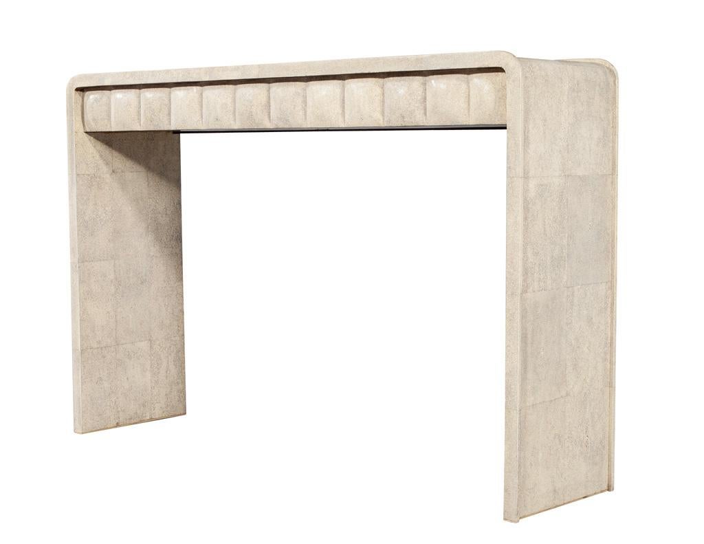 Modern Waterfall Console Table Wrapped in Faux Leather For Sale 7