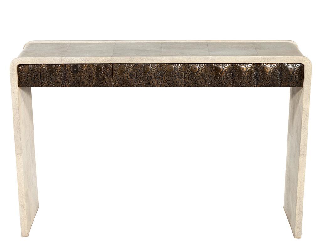Modern Waterfall Console Table Wrapped in Faux Leather For Sale 11