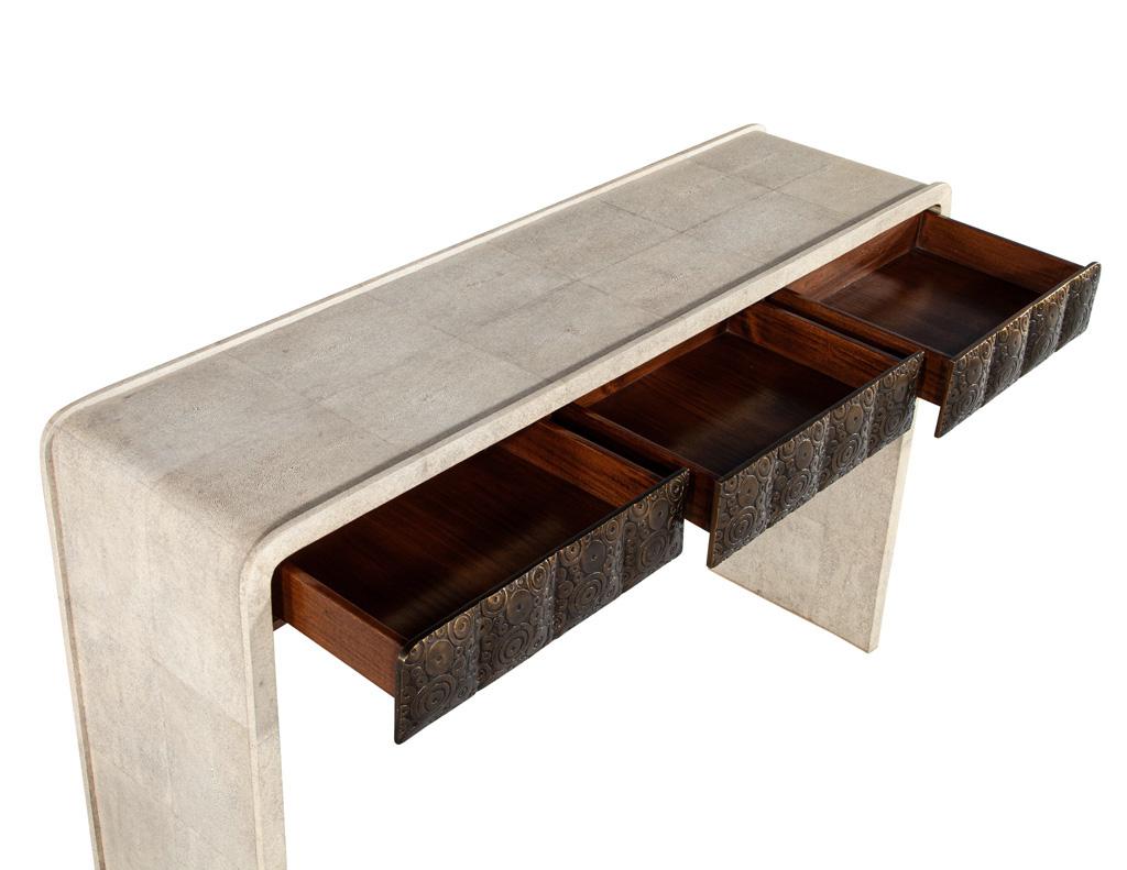 Metal Modern Waterfall Console Table Wrapped in Faux Leather For Sale