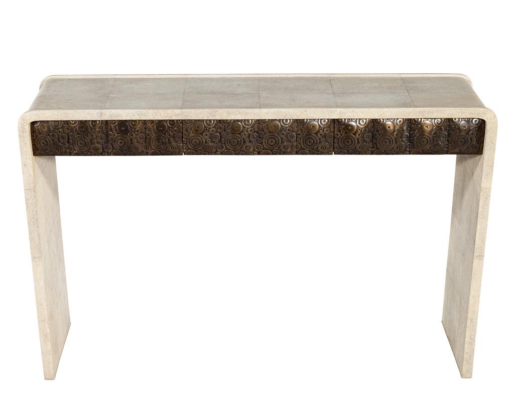 Modern Waterfall Console Table Wrapped in Faux Leather For Sale 1