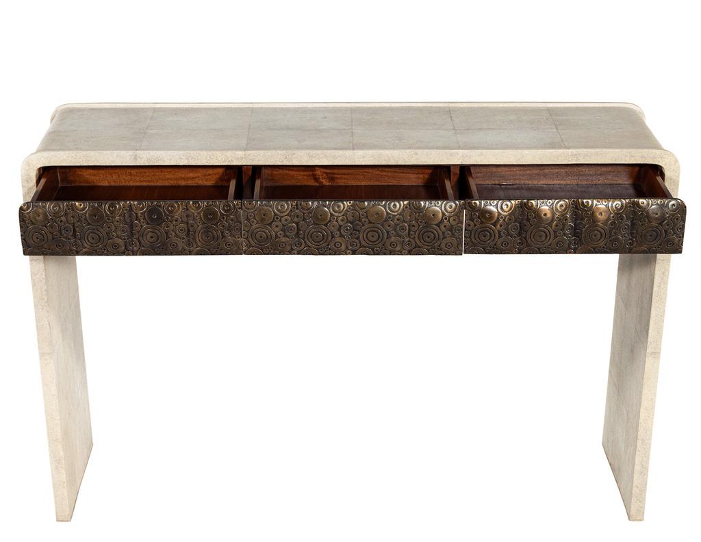 Modern Waterfall Console Table Wrapped in Faux Leather For Sale 2