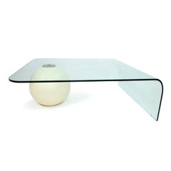 Modern Waterfall Curved Glass Coffee Table Balanced on White Ball