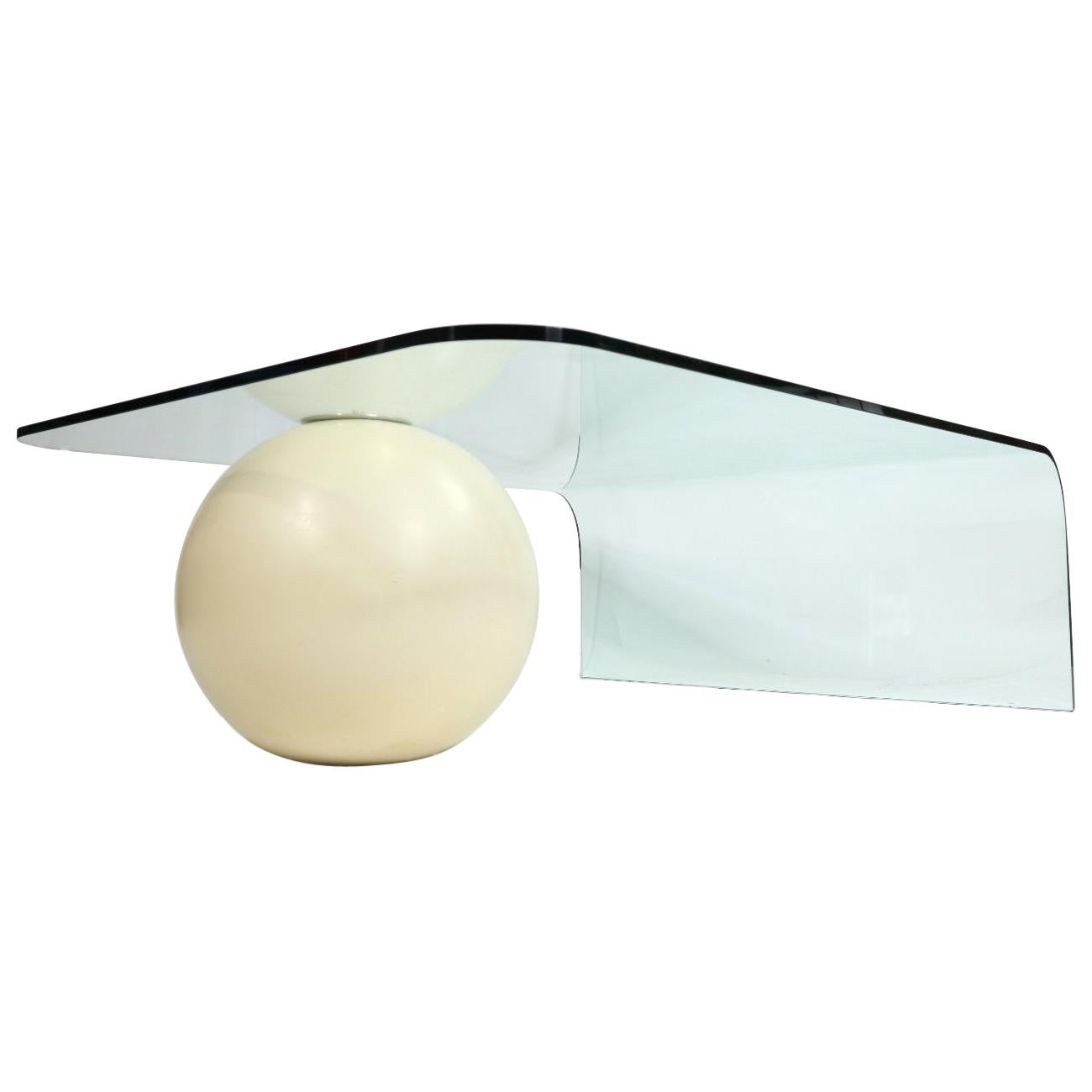 Modern Waterfall Curved Glass Coffee Table Balanced on White Ball