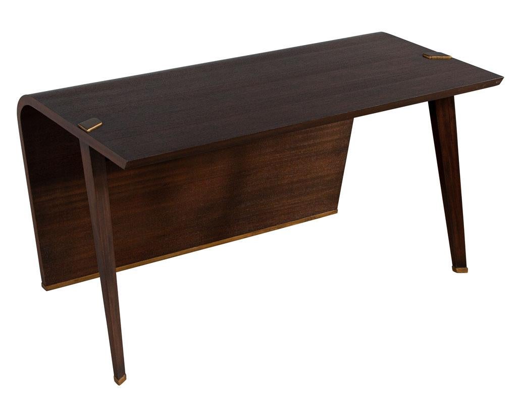Modern Waterfall Desk in Dark Walnut Finish with Painted Brass Accents For Sale 5