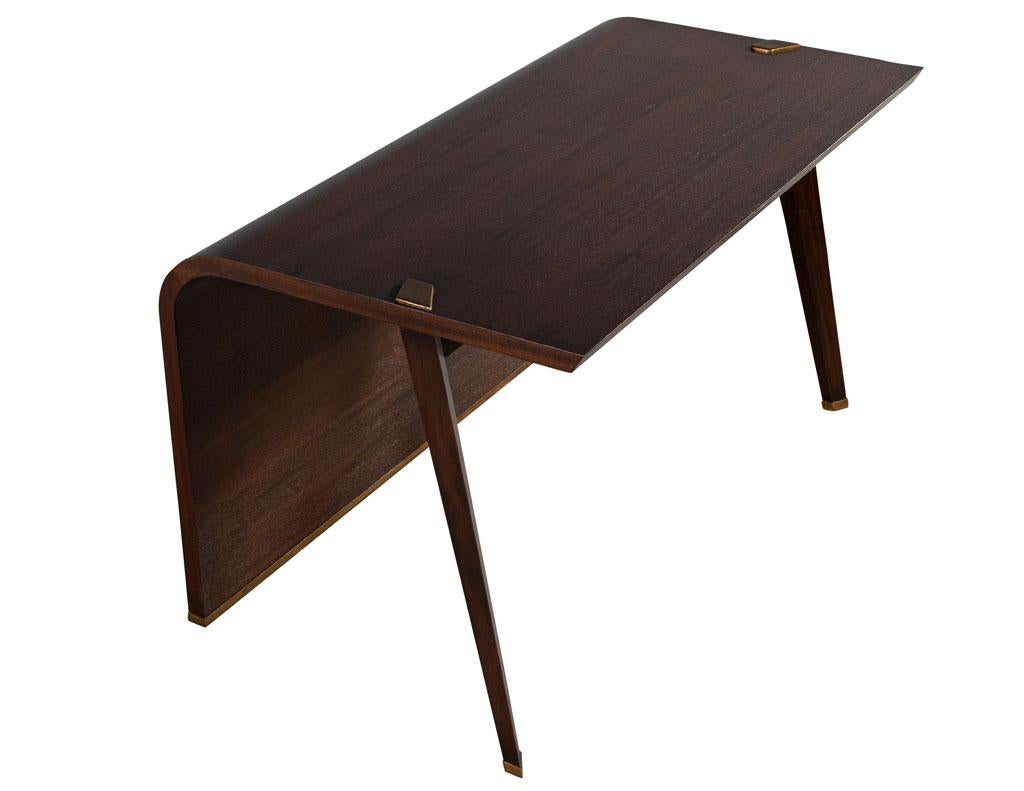 Modern Waterfall Desk in Dark Walnut Finish with Painted Brass Accents For Sale 6