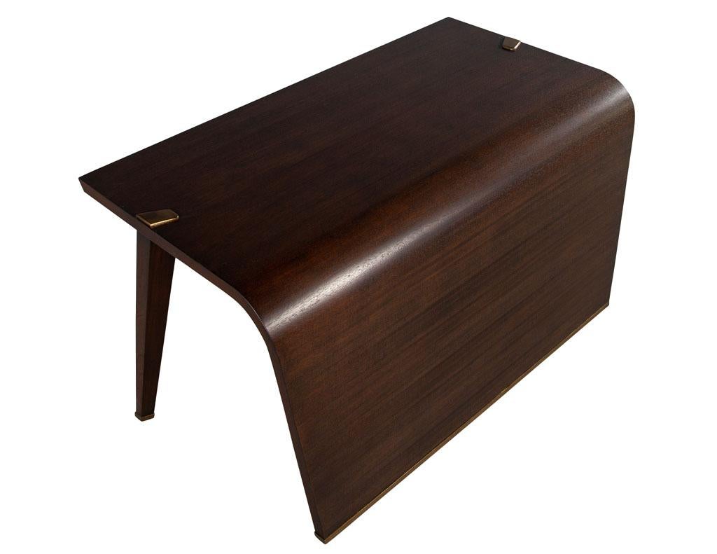 American Modern Waterfall Desk in Dark Walnut Finish with Painted Brass Accents For Sale