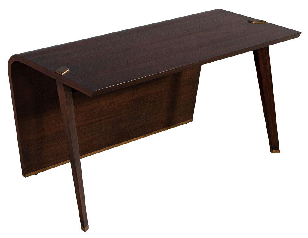Contemporary Modern Waterfall Desk in Dark Walnut Finish with Painted Brass Accents For Sale
