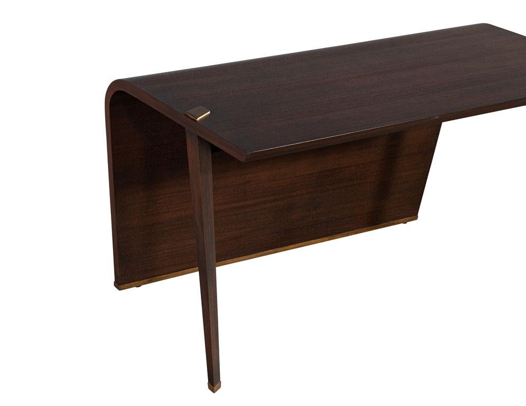 Wood Modern Waterfall Desk in Dark Walnut Finish with Painted Brass Accents For Sale