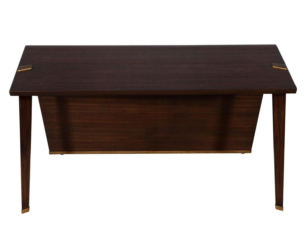 Modern Waterfall Desk in Dark Walnut Finish with Painted Brass Accents For Sale 1