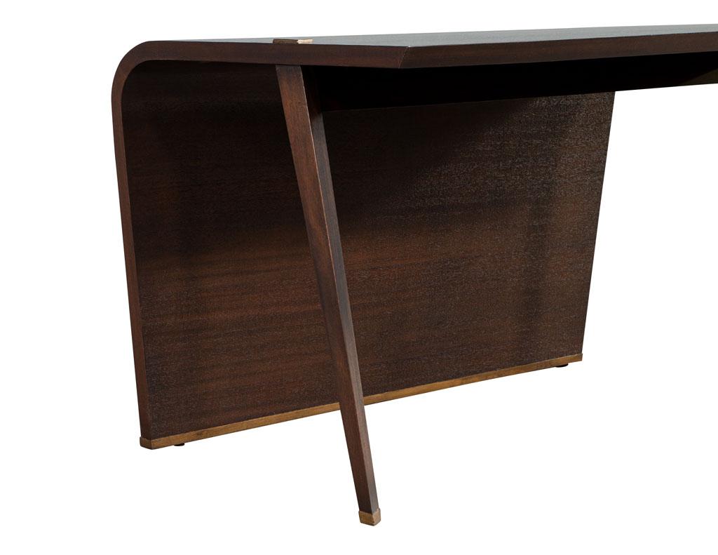 Modern Waterfall Desk in Dark Walnut Finish with Painted Brass Accents For Sale 3