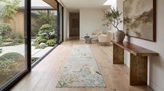 Modern Whimsical Hand-Knotted Wool Runner Rug with Birds and Botanicals in Sage