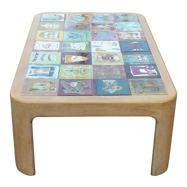 Modern Whimsical Roger Ca Style Colorful Hand Painted Tiled Coffee Table