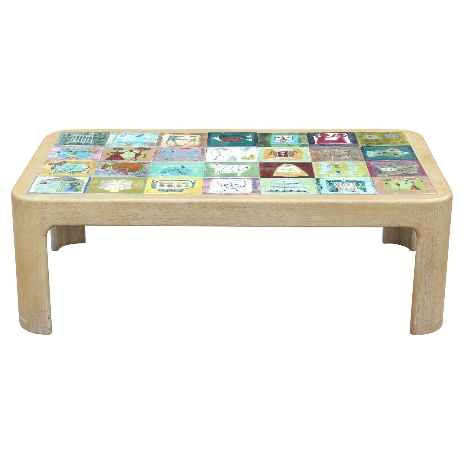 Modern Whimsical Roger Capron Style Colorful Hand Painted Tiled Coffee Table