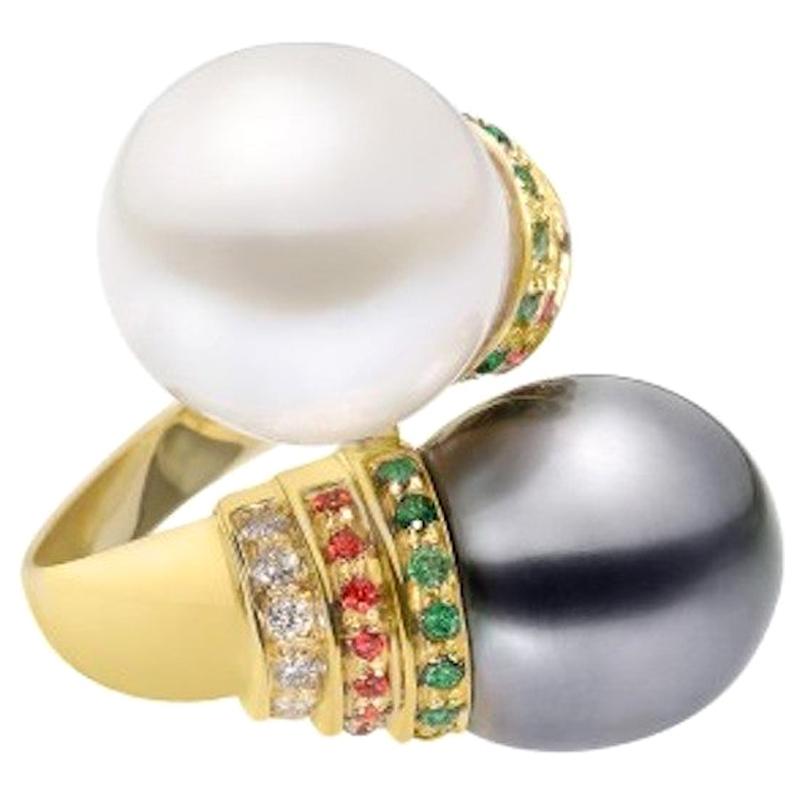 Moderner moderner Ring aus 18 Karat Gold mit weißer und Tahiti-Perle, Diamant, Granat und Smaragd