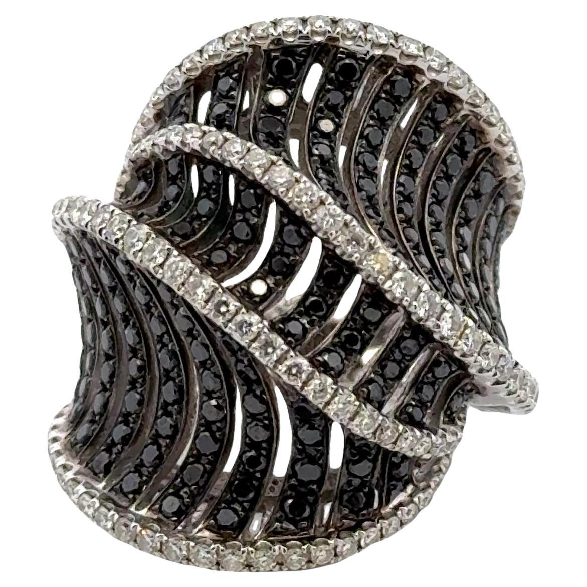 Modern White & Black Diamond 18 Karat White Gold Statement Cockail Ring