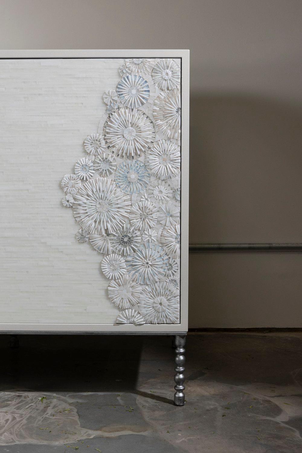 Mosaic Modern White Blossom Buffet with Metal  Legs and White Lacquer by Ercole Home For Sale