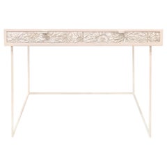 Modern White Blossom Glass Mosaic Desk with Modern Metal Base by Ercole Home